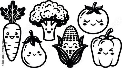 Cute kawaii line art vector vegetables close up smiling carrot broccoli corn tomato bell pepper eggplant view playful flat design