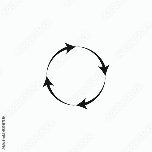 Minimalist black four circular arrows cycle icon. Vector illustration of a continuous loop, rotation, synchronization, or recycling process isolated on white