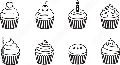 Black and white line of eight cupcakes with various toppings line black and white