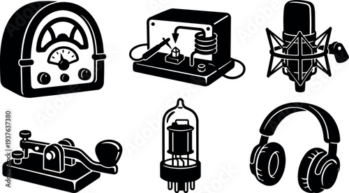 Line art vintage radio equipment set showing studio microphone telegraph key vacuum tube headphones analog meter close up retro monochrome