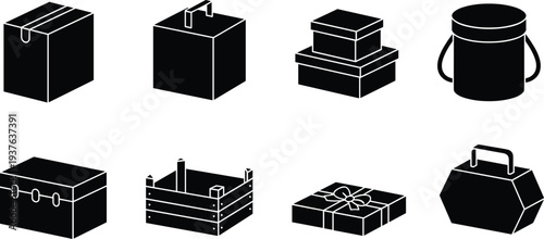 Black and white of various gift boxes and containers packaging presents