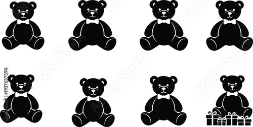 Black teddy bears with white outlines and bows on white background bow tie gifts