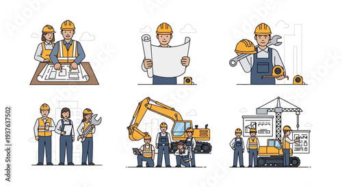 construction workers set icons flat design.