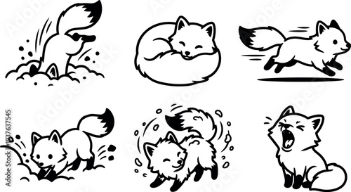 Line art playful fox stickers six pose set sleeping jumping digging yawning running close up expressive black and white vector