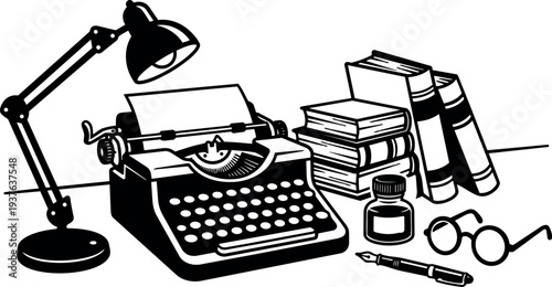 Retro line art vintage typewriter on desk with angled lamp stacked books ink bottle glasses and fountain pen close up