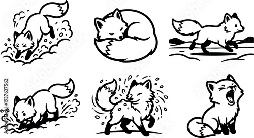 Line art playful fox set showing pouncing sleeping running digging shaking and yawning kits on white background curled tail closeup