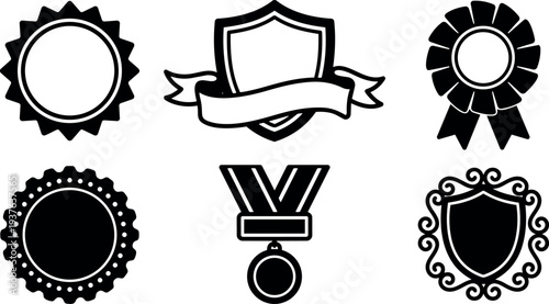 Flat design set of six award badges shields rosette medal and blank emblems arranged in two rows top down view