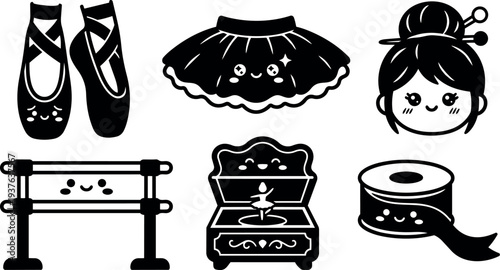 Kawaii flat vector ballet icons smiling ballet shoes tutu bun hair barre music box ribbon spool set in silhouette collection