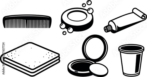 Minimalist line art close up toiletry set with comb soap toothpaste towel compact powder and cup flat vector illustration studio