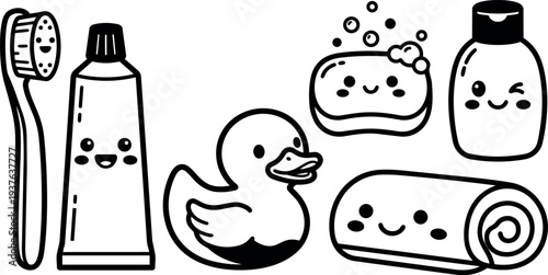 Cute kawaii bath icons set smiling toothbrush toothpaste rubber duck soap towel bottle close up flat vector art playful black
