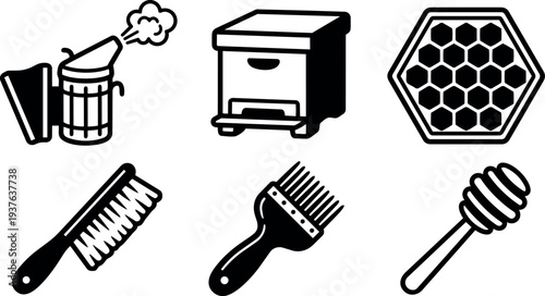Flat design close up beekeeping icon set showing smoker hive box honeycomb comb uncapping fork honey dipper isolated on white