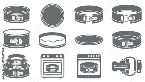 Springform cake pan icons set with different views and oven baking process