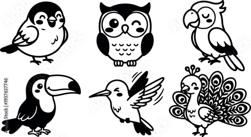 Cartoon line art six bird icons including owl peacock hummingbird toucan parrot sparrow playful flat composition black white vector set
