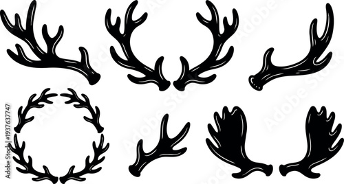 Minimalist vector antler set top view varied silhouettes isolated on white background bold black shapes pair single wreath rustic decorative