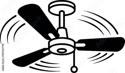 Flat line art ceiling fan with three blades hanging from ceiling viewed from below with pull cord motion simple modern