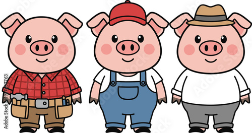 Three cartoon pigs wearing different outfits and hats smiling dressed