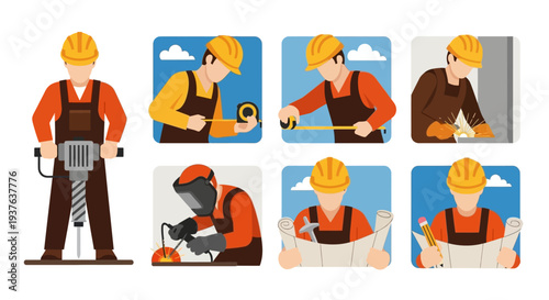 Construction worker tasks and tools.
