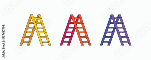 Set of colorful step ladder icons in flat vector style. Minimalist industrial tools with vibrant gradients isolated on white background. Perfect for DIY, construction, and career growth concepts