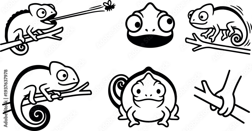 Obraz premium Line art cute chameleon icon set showing tongue catching insect curled tail branch poses playful vector sticker black outline minimal