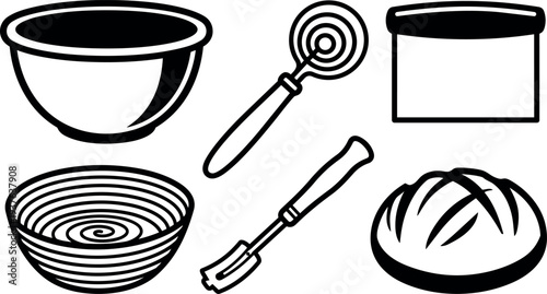 Line art kitchen icons close up proofing basket dough scraper bread loaf mixing bowl set in black outline minimal flat