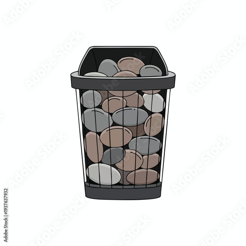 Cluttered Trash Bin Filled with Mixed Pebbles and Waste