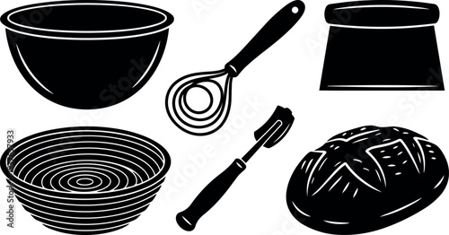 Minimalist silhouette kitchenware set close up mixing bowls whisk dough scraper banneton cutter artisan sourdough loaf top view black vector