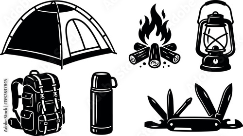Line art overhead layout of camping gear icons tent backpack thermos campfire lantern pocket knife multitool high contrast vector illustration