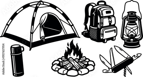 Line art camping gear set tent backpack lantern campfire thermos pocketknife outdoor equipment flat vector composition black white minimal silhouette