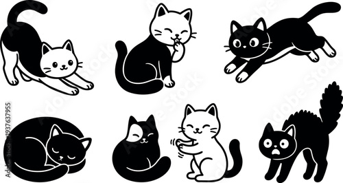 Flat design collection of playful black and white cat poses showing stretch jump sleep groom hiss cute vector icon set