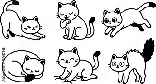Line art cute cat pose collection six playful stretching grooming jumping sleeping scared sitting vector sheet black outline minimal icon