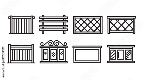 Collection of Outdoor Furnishings and Fencing Icons Line Art Vector Graphics