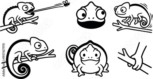 Line art cute chameleon icon set showing tongue catching insect curled tail branch poses playful vector sticker black outline minimal