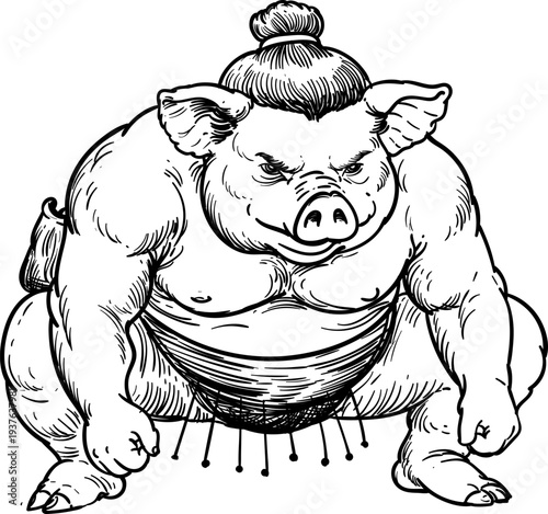 anthropomorphic humanimal hand drawn sketch of pig sumo