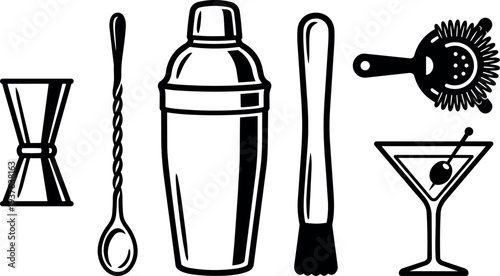 Minimalist black vector bar tools set with cocktail shaker jigger spoon muddler strainer and martini glass side view clean outline