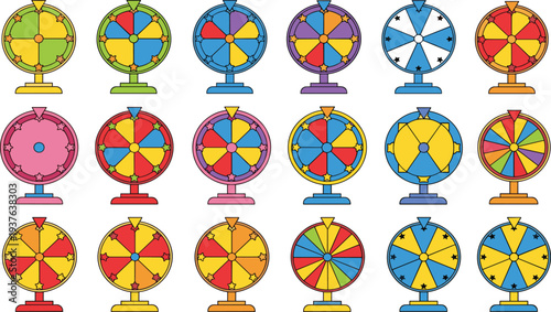 Lucky Spin Prize Wheel Collection for Carnival Game Show Raffle Draw Contest Casino Promotion and Random Selection Vector Illustration.
