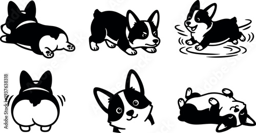 Cartoon line art corgi puppy sticker sheet six poses playful expressions various angles close up low angle wagging tail happy