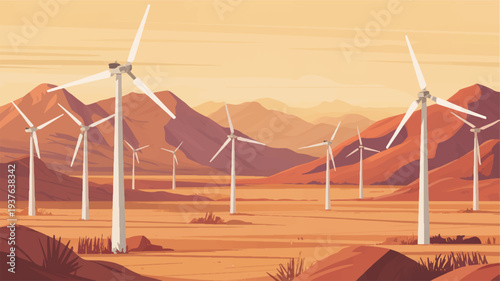 Wind turbines in a desert landscape with mountains at sunset renewable energy concept