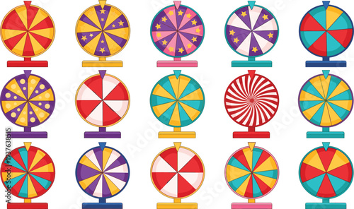 Colorful Lucky Spin Wheel Collection for Carnival Game Show Prize Draw Contest Casino Promotion and Random Selection Vector Illustration.
