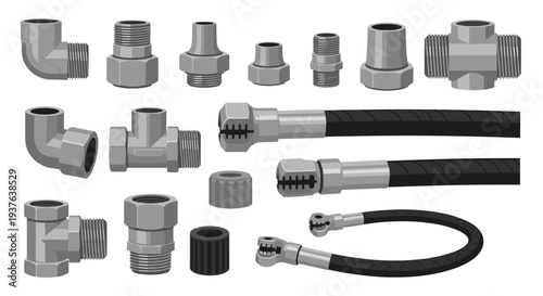 A comprehensive assortment of grey metallic pipe fittings and flexible black hoses is neatly displayed on a clean white surface.