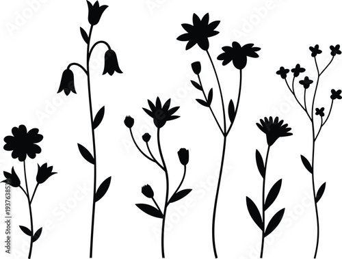 Set of Black Flower Silhouettes Including Roses Sunflowers Tulips and Wildflowers with Stems and Leaves Isolated on White Background for Elegant Vector Botanical Graphic Design