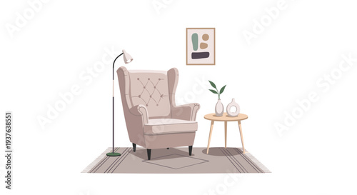 A cozy beige wingback armchair, a floor lamp, and a small side table with vases are arranged on a striped rug beneath an abstract framed picture.