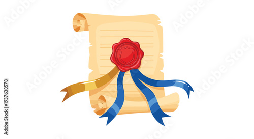 An unrolled antique parchment scroll, featuring a prominent red wax seal and flowing gold and blue ribbons, lies flat on a clean white background.