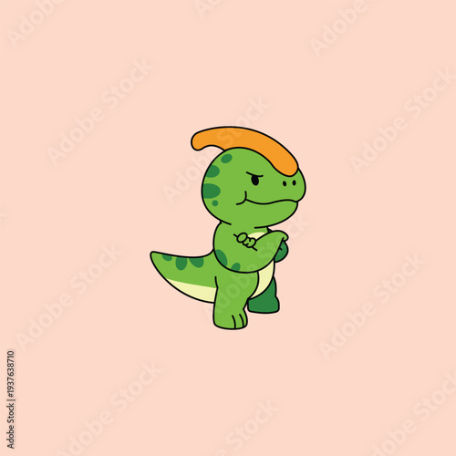Cute angry parasaurolophus dinosaur mascot vector illustration with arms crossed, isolated on a pink background