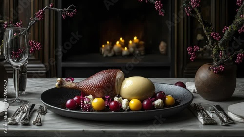 Wallpaper Mural Roasted meat and sides on a plate, set for a fancy meal, with a fireplace in the background Torontodigital.ca