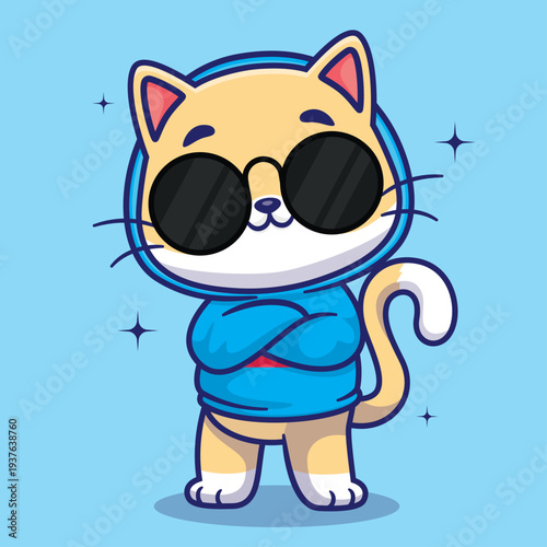 Cool Cat in Sunglasses: A charming cartoon cat, sporting stylish sunglasses and a trendy hoodie, exudes confidence and coolness against a vibrant backdrop. 