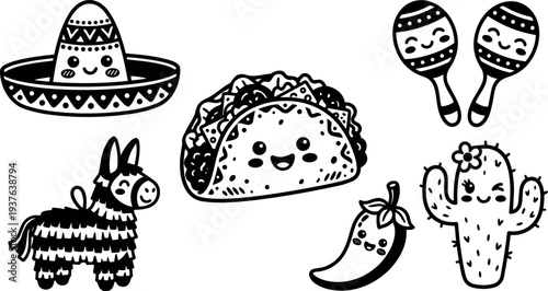 Kawaii line art taco smiling with sombrero piñata maracas cactus and chili pepper set in flat vector style cute outline