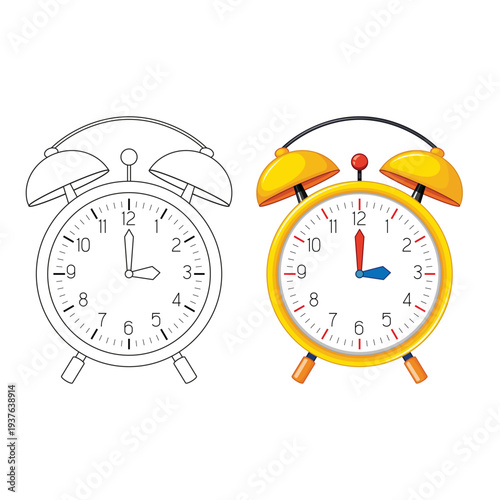 Twin Bell Alarm Clock Set – Time and Wake Up Clock Vector Illustration