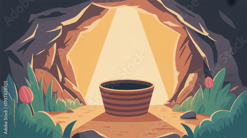 Brown ceramic bowl on a dirt path leading into a cave with a beam of light shining through surrounded by green plants and pink flowers