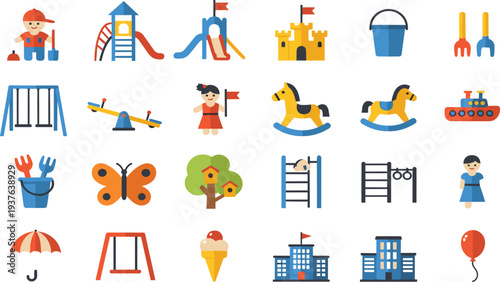 Children Playground and Toy Icon Set with Slide Swing Seesaw Castle Rocking Horse Sandbox and Kids Park Activity Vector Illustration.