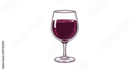 A single, clear stemmed wine glass containing a generous pour of dark red wine is precisely centered on a pristine white background.